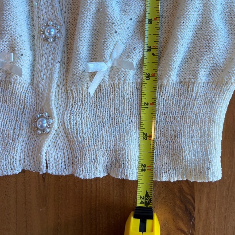 Cocobleu New York Cream Sequin Bow Cardigan Pearl Button Short Sleeve Large - Picture 4 of 9